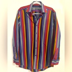 Duchamp London Italian Colorful Vertical Striped Fitted Button-Down Shirt 15